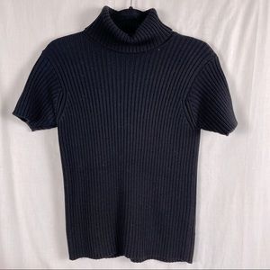 Black Linda Allard Ellen Tracy Silk/Wool Ribbed S/S Turtleneck